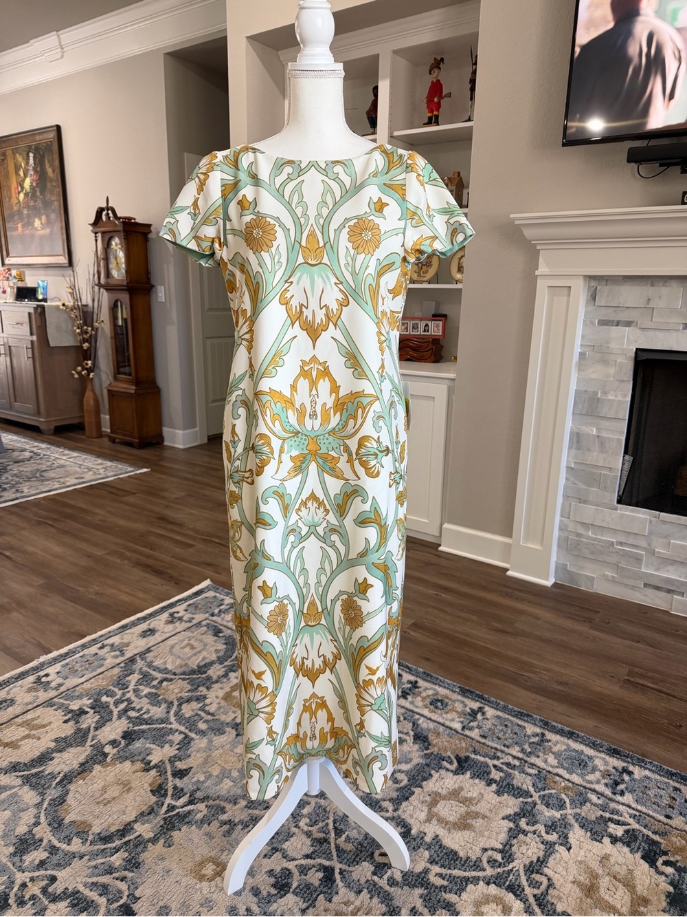 Mestiza Cream Maxi Dress with Gold and Mint Floral Scroll Print